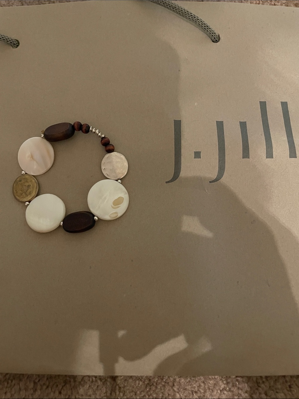 J. Jill Cream Shell and Brown Wood Beaded Stretch Bracelet